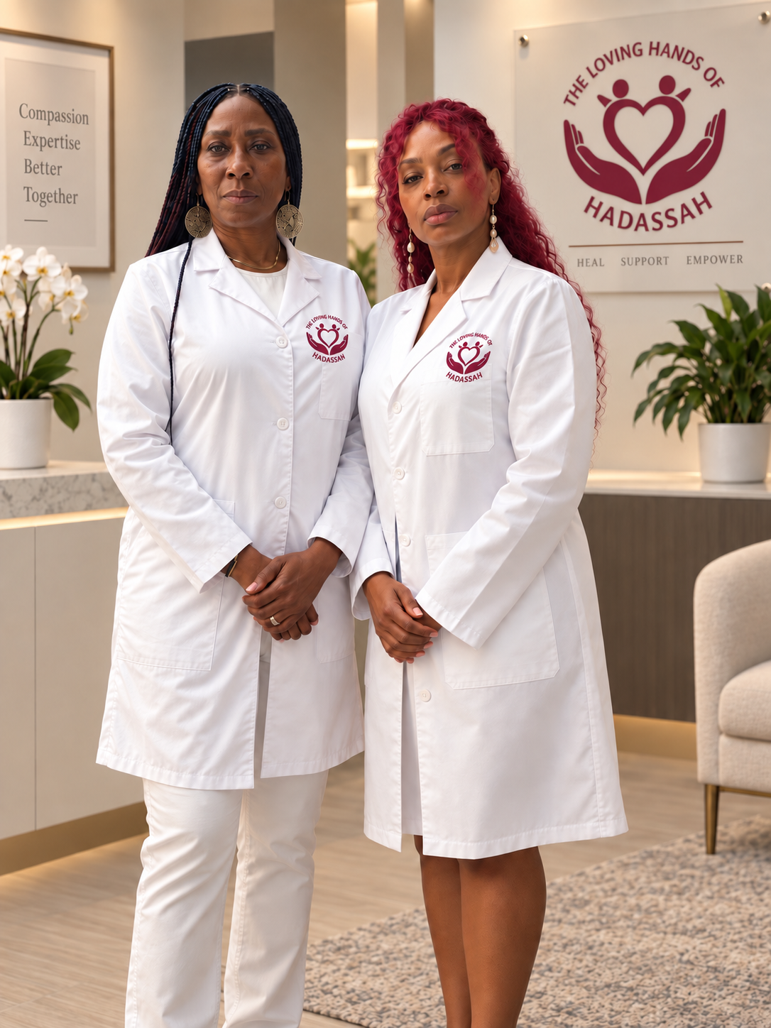 Two Loving Hands of Hadassah cranial prosthesis specialists in white coats at the Hadassah facility